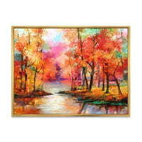 A tó ősszel színes őszi fákkal, keretes festmény vászon művészeti nyomtatás