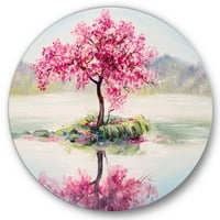 Designart 'keleti cseresznye rózsaszín fa Sakura a tónál' tó ház kör fém fal Art-lemez 23