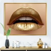 Designart 'A nő közeli képe kövér ajkak arany rúzsgal' modern keretes vászon fali művészet nyomtatás