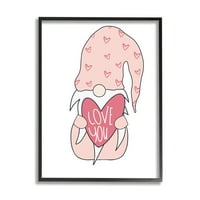 Stupell Industries Aranyos rózsaszín Gnome Love You Sentiment Big Heart Graphic Art Fekete Keretes Art Print Wall Art,