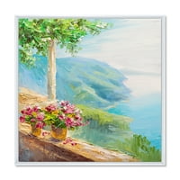 Ház színes virágokkal a tenger közelében V keretes festmény vászon art nyomtatás