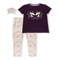 Sunset Sky Girls divat grafikus póló és nyomtatott lábging, kétrészes ruhakészlet megfelelő Scrunchie-vel, Méret 4-12