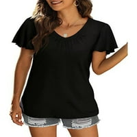 Noilla női nyári felsők rövid ujjú póló V nyakú póló női Lélegző póló Egyszínű tunika blúz Fekete XL