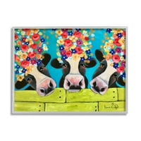 Stupell Industries Farm szarvasmarha -tehenek fényes virágszirmok zöld deszkák festmény szürke keretes művészeti nyomtatási