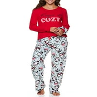 Sleep & Co. Női és női plusz hosszú ujjú felső és plüss nadrágos pizsama alváskészlettel, megfelelő Scrunchie hajdak