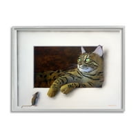 Stupell Industries Man macskás pihenő kíváncsi egér peering illúzió festmény szürke keretes művészeti nyomtatott fali