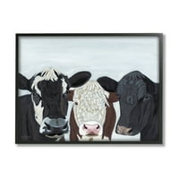 Stupell három tehén szórakoztató parasztház portré állatok és rovarok festés fekete keretes művészet nyomtatott fali