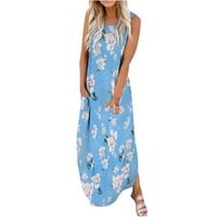 Női alkalmi laza nyári nyomtatott tartály ruha Beach Sundress Crewneck ujjatlan ruhák Kék M