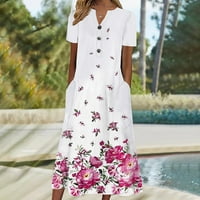 Női ruhák V nyak gomb elülső Rövid ujjú nyári alkalmi Swing hosszú ruha virágos nyomtatás nyaralás Maxi laza ruha zsebekkel
