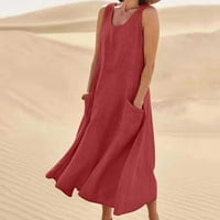 Női nyári elegáns alkalmi Egyszínű Ujjatlan Pamut vászon hosszú ruha