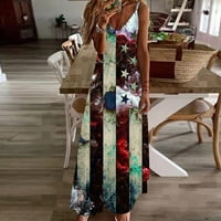Atinetok Maxi ruhák nőknek V-nyakú ujjatlan csillag zászló nyomtatás nyári divatos hosszú ruha Függetlenség Napja Laza