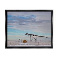 Stupell Industries személy sétáló dinoszaurusz csontváz tengerparti homokdűnék fotó jet fekete úszó keretes vászon