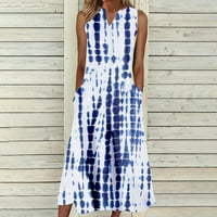 Gotyou divat ruhák női nyári alkalmi divat nyomtatott ujjatlan V-nyakú zseb ruha Kék XL